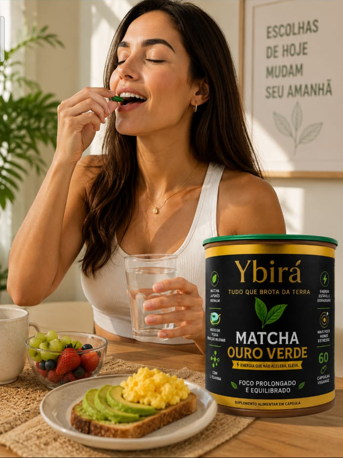 Mulher tomando cápsula de Matcha Ybirá no café da manhã